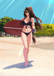 Rule 34 | 1girl, absurdres, animal ears, arknights, bare shoulders, beach, bikini, blue bikini, blue sky, blurry, blurry background, braid, breasts, brown hair, chinese commentary, cleavage, collarbone, commentary request, day, eyebrows hidden by hair, front-tie bikini top, front-tie top, full body, green eyes, hair between eyes, highres, holding, holding surfboard, horse ears, lens flare, light rays, long hair, looking at viewer, medium breasts, meteor (arknights), midriff, multicolored hair, navel, outdoors, ponytail, shadow, shijie jianfa, sidelocks, sky, smile, solo, streaked hair, sunbeam, sunlight, surfboard, swimsuit, walking, white hair