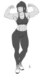 Rule 34 | 1girl, abs, absurdres, biceps, black hair, blush, breasts, cleavage, flexing, greyscale, highres, monochrome, muscular, muscular female, original, ponytail, shoes, sneakers, solo, speedl00ver, sports bra, sportswear, thick thighs, thighs