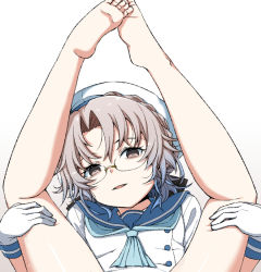 Rule 34 | 1girl, barefoot, blue neckerchief, blue sailor collar, brown eyes, glasses, gloves, gradient background, grey hair, hat, hirato (kancolle), kantai collection, legs up, long sleeves, looking at viewer, moti coi, neckerchief, out-of-frame censoring, sailor collar, sailor hat, school uniform, serafuku, short hair, sitting, solo, spread legs, upper body, wavy hair, white background, white gloves, white hat