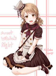Rule 34 | 1girl, absurdres, apron, brown eyes, buttons, character name, crying, drill hair, earrings, embarrassed, hat, highres, idolmaster, idolmaster cinderella girls, idolmaster cinderella girls starlight stage, jewelry, light brown hair, looking at viewer, morikubo nono, short hair, short sleeves, sirurabbit, sitting, solo, sweetches, wariza, wrist cuffs