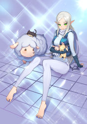 Rule 34 | 00s, 1girl, :3, arm support, barefoot, cat, dungeon and fighter, closed eyes, feet, full body, green eyes, highres, kim jin sung, looking at viewer, on floor, pants, pointy ears, scarf, sheep, sidelocks, silver hair, sitting, smile, solo, toes, vest