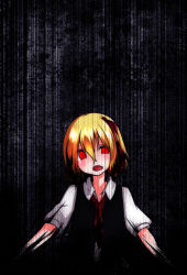 Rule 34 | 1girl, blonde hair, darkness, fang, gradient background, hair ribbon, kameyan, open mouth, red eyes, ribbon, rumia, shirt, short hair, slit pupils, solo, striped, striped background, touhou, vest