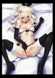 Rule 34 | 1girl, aftersex, anus, blonde hair, bravely default: flying fairy, cum, cum in ass, cum in pussy, edea lee, flat chest, gloves, heart, heart-shaped pupils, kirishima satoshi, nipples, pussy, solo, symbol-shaped pupils, thighhighs, uncensored