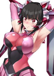 Rule 34 | 1girl, absurdres, aged up, alternate breast size, armpits, arms behind head, arms up, black hair, blunt bangs, blush, breasts, covered erect nipples, covered navel, highres, large breasts, leotard, long hair, looking at viewer, pink eyes, pink leotard, senki zesshou symphogear, shiny skin, simple background, skirt, solo, standing, sweat, transparent background, tsukuyomi shirabe, twintails, white background, zasshu nigou