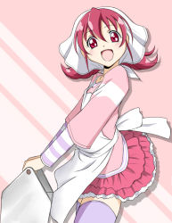 Rule 34 | 00s, 1girl, aida mana, amraam120c, apron, blouse, cosplay, dokidoki! precure, food delivery box, head scarf, muteki kanban musume, nabatame hitomi, onimaru miki, onimaru miki (cosplay), open mouth, pink shirt, precure, red eyes, red hair, shirt, skirt, smile, solo, striped, striped background, thighhighs, voice actor connection, zettai ryouiki