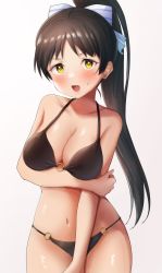 Rule 34 | 1girl, arm under breasts, bikini, black bikini, black hair, blush, breasts, cleavage, hair ornament, hazuki ren, highres, large breasts, looking at viewer, love live!, love live! superstar!!, maritani (etetacunk), navel, open mouth, ponytail, simple background, solo, standing, sweatdrop, swimsuit, yellow eyes