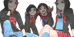 Rule 34 | 2boys, 2girls, absurdres, bad id, bad pixiv id, black hair, black hoodie, black pants, black wristband, blue legwear, blue pants, blue shirt, closed mouth, commentary request, creatures (company), ethan (pokemon), game freak, grey background, grin, highres, hood, hood up, hoodie, leaf (pokemon), logo, looking at viewer, lyra (pokemon), multiple boys, multiple girls, nintendo, overalls, pants, pokemon, pokemon frlg, pokemon hgss, pumpkinpan, red (pokemon), red shirt, red skirt, shirt, short hair, skirt, smile, socks, split mouth, team rocket, teeth, tongue, tongue out, wristband