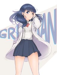 Rule 34 | 1girl, anho, arm up, bare legs, blouse, blue eyes, blue hair, blue skirt, blush, bow, bowtie, breasts, closed mouth, collared shirt, earphones, feet out of frame, grey background, gridman universe, head tilt, jacket, legs apart, long hair, long sleeves, looking at viewer, medium breasts, medium skirt, multicolored eyes, open clothes, open jacket, purple eyes, red bow, red bowtie, shirt, signature, sketch, skirt, solo, ssss.gridman, standing, takarada rikka, white jacket, white shirt
