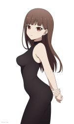 Rule 34 | 1girl, absurdres, arms behind back, bare arms, bare shoulders, black dress, breasts, brown eyes, closed mouth, coro fae, cowboy shot, dot nose, dress, earrings, fingernails, from side, furrowed brow, hair down, highres, holding own wrist, iino miko, jewelry, kaguya-sama wa kokurasetai ~tensai-tachi no renai zunousen~, light blush, long fingernails, long hair, looking at viewer, medium breasts, paid reward available, simple background, sleeveless, sleeveless dress, solo, split mouth, standing, tight clothes, tight dress, turning head, twitter username, white background