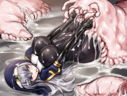 Rule 34 | 1girl, blue eyes, blush, bodysuit, boots, breasts, covered navel, elbow gloves, covered erect nipples, gloves, hat, large breasts, latex, long hair, lying, monster, nun, on back, open mouth, original, pushing, pushing away, rindou (radical dream), silver hair, skin tight, slime (substance), solo, sweat, vore