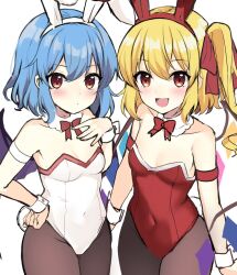 Rule 34 | 2girls, :d, animal ears, bad id, bad twitter id, bat wings, black pantyhose, blonde hair, blue hair, breasts, cleavage, closed mouth, covered navel, cowboy shot, crystal, flandre scarlet, groin, highres, leotard, looking at viewer, multiple girls, one side up, open mouth, pantyhose, playboy bunny, rabbit ears, red eyes, red leotard, remilia scarlet, ruhika, siblings, simple background, sisters, small breasts, smile, standing, touhou, upper body, v-shaped eyebrows, white background, white leotard, wings, wrist cuffs