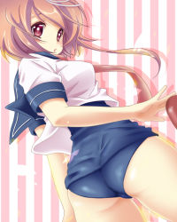Rule 34 | 10s, 1girl, ass, back, bad id, bad pixiv id, blush, breasts, i-58 (kancolle), kantai collection, light brown hair, looking back, medium breasts, moyashi onna, moyasi onna, open mouth, personification, red eyes, school swimsuit, school uniform, serafuku, short hair, swimsuit, swimsuit under clothes, torpedo, type 95 torpedo