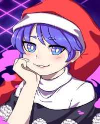 Rule 34 | 1girl, :3, black capelet, blob, blue background, blue eyes, blue hair, blush, capelet, doremy sweet, dress, hanaarts, hat, highres, nightcap, pom pom (clothes), red hat, short sleeves, simple background, smile, solo, touhou, white dress