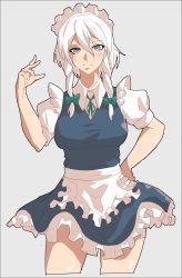 Rule 34 | 1girl, absurdres, apron, blue dress, blue eyes, blush, bow, braid, breasts, cowboy shot, cropped legs, dress, frilled dress, frills, goniataito, green bow, green ribbon, grey background, hair bow, hand on own hip, highres, izayoi sakuya, large breasts, looking at viewer, maid, maid headdress, neck ribbon, puffy short sleeves, puffy sleeves, ribbon, short hair, short sleeves, smile, solo, touhou, twin braids, waist apron, white hair