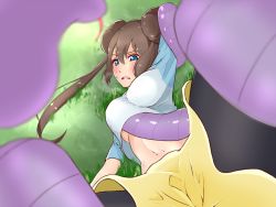 Rule 34 | 1girl, arbok, arm up, black pantyhose, blue eyes, blush, breasts, brown hair, creatures (company), doruka, double bun, female focus, game freak, gen 1 pokemon, grabbing, grabbing another&#039;s breast, grass, green background, hair bun, long hair, lying, medium breasts, midriff, navel, nintendo, no bra, on back, open mouth, outdoors, pantyhose, pokemon, pokemon (creature), pokemon bw2, rosa (pokemon), shorts, simple background, snake, spread legs, sweat, tongue, tongue out, twintails, underboob, yellow shorts