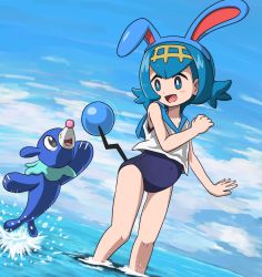 Rule 34 | 1girl, :d, animal ears, azumarill, azumarill (cosplay), bad id, bad twitter id, bare shoulders, black eyes, blue eyes, blue hair, blue one-piece swimsuit, blue sailor collar, blue sky, blush, cloud, cosplay, covered navel, creatures (company), day, dutch angle, fake animal ears, fake tail, flat chest, flipped hair, from side, full body, game freak, gen 2 pokemon, gen 7 pokemon, hair ornament, hairband, hand up, happy, in water, jumping, lana (pokemon), legs, looking at another, motion lines, new school swimsuit, nintendo, ocean, one-piece swimsuit, open mouth, outdoors, outstretched arm, partially submerged, pokemon, pokemon sm, popplio, sailor collar, school swimsuit, shirt, short hair, sky, sleeveless, sleeveless shirt, smile, splashing, standing, swimsuit, swimsuit under clothes, tail, tail wagging, takamame, trial captain, wading, water, water drop, wet, white shirt