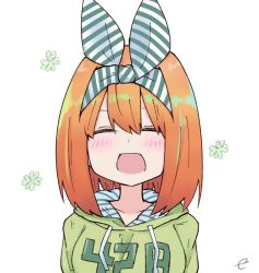 Rule 34 | 1girl, :d, ^ ^, blush, closed eyes, clothes writing, commentary request, drawstring, eyebrows hidden by hair, facing viewer, floral background, go-toubun no hanayome, green hoodie, hair between eyes, hair ribbon, hood, hood down, hoodie, kujou karasuma, nakano yotsuba, open mouth, orange hair, ribbon, signature, simple background, smile, solo, striped ribbon, upper body, white background