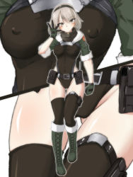 Rule 34 | 1girl, alternate costume, blush, boots, breasts, close-up, closed mouth, commentary request, cosplay, covered erect nipples, cross-laced footwear, fur trim, girls&#039; frontline, gloves, grey hair, haidora (haidorafdry), highres, lace-up boots, leotard, looking at viewer, medium breasts, pouch, pp-19 (girls&#039; frontline), pp-19 (girls&#039; frontline) (cosplay), short hair, solo, thighhighs, vector (girls&#039; frontline), yellow eyes