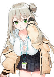 Rule 34 | 1girl, bad id, bad twitter id, blue archive, blush, breasts, cleavage, collarbone, commentary request, fingerless gloves, gloves, green eyes, grey hair, hair between eyes, hair bun, highres, id card, jacket, large breasts, nonomi (blue archive), school uniform, simple background, single hair bun, smile, solo, white background