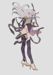 Rule 34 | 1girl, absurdres, arms behind back, blush, boots, closed mouth, elbow gloves, fate/grand order, fate (series), gloves, grey background, grey hair, high heel boots, high heels, highres, kama (fate), kama (second ascension) (fate), long hair, pink eyes, see-through, simple background, toenails, zhibuji loom