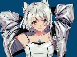 Rule 34 | 1girl, animal ears, armpits, breasts, camisole, cat ears, chest jewel, collarbone, highres, jacket, looking at viewer, mio (xenoblade), shiomi (lowrise), short hair, simple background, skirt, small breasts, smile, solo, tank top, white hair, white jacket, white skirt, white tank top, xenoblade chronicles (series), xenoblade chronicles 3, yellow eyes