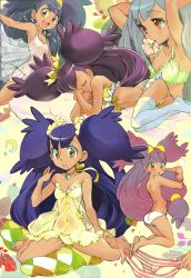 Rule 34 | 1girl, armpits, arms up, back, barefoot, bell, big hair, blue hair, blush, bra, breasts, brown eyes, covering breasts, covering privates, creatures (company), crossed arms, dark-skinned female, dark skin, embarrassed, flower, game freak, iris (pokemon), jingle bell, komugi (wabisuke maruden), lingerie, long hair, lying, multiple views, nintendo, panties, pokemon, pokemon (anime), pokemon bw, pokemon bw (anime), purple hair, red eyes, see-through, silver hair, sitting, small breasts, striped bra, striped clothes, striped panties, thighhighs, topless, underwear, underwear only, vertical-striped bra, vertical-striped clothes, wariza, white panties, white thighhighs, yellow panties