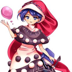 Rule 34 | 1girl, :3, antinomy of common flowers, blue eyes, blue hair, book, cowboy shot, doremy sweet, dress, harukawa moe, hat, holding, holding book, looking at viewer, nightcap, official art, open mouth, red hat, solo, touhou, transparent background