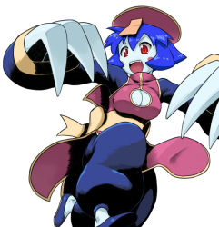 Rule 34 | &gt;:d, 1girl, :d, blue hair, blue skin, blush stickers, breasts, capcom, chinese clothes, claws, cleavage, cleavage cutout, clothing cutout, colored skin, fang, fighting stance, flats, flipped hair, hat, jiangshi, lei lei, long sleeves, no nose, ofuda, open mouth, pants, puffy pants, qingdai guanmao, red eyes, shoes, short hair, simple background, smile, solo, tsukudani (coke-buta), v-shaped eyebrows, vampire (game), white background