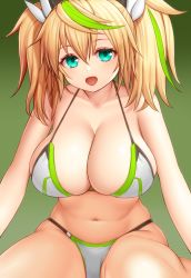 Rule 34 | 1girl, aqua eyes, asamura hiori, bare arms, bikini, blonde hair, breasts, cleavage, collarbone, commentary request, gene (pso2), gradient background, green background, green hair, hair between eyes, hair ribbon, highres, large breasts, long hair, multicolored hair, navel, phantasy star, phantasy star online 2, ribbon, simple background, sitting, smile, solo, stomach, streaked hair, swimsuit, twintails, white bikini