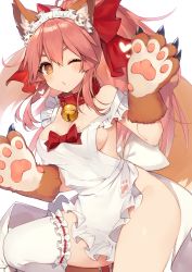 Rule 34 | 1girl, animal ear fluff, animal ears, animal hands, apron, bare shoulders, bell, blush, bow, breasts, cat hair ornament, cat paws, cleavage, collar, cowboy shot, fate/grand order, fate (series), fox ears, fox tail, frilled apron, frills, gloves, hair between eyes, hair bow, hair ornament, jingle bell, large breasts, long hair, looking at viewer, maid headdress, muryotaro, naked apron, neck bell, one eye closed, orange eyes, parted lips, paw gloves, paw print, pink hair, ponytail, red bow, simple background, standing, standing on one leg, tail, tamamo (fate), tamamo cat (fate), thighhighs, white apron, white background, white thighhighs