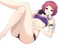 Rule 34 | 1girl, absurdres, arm strap, ass, bare legs, bare shoulders, barefoot, black panties, bra, breasts, groin, hand on own stomach, headphones, headphones around neck, highres, knees up, leg up, looking at viewer, medium breasts, minase koito, musaigen no phantom world, panties, parted bangs, parted lips, pink hair, purple bra, red eyes, short hair, solo, stomach, strapless, strapless bra, thighs, tube top, underwear, ziro (zirorong)