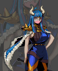 Rule 34 | 1girl, ahoge, blue hair, breasts, club (weapon), cosplay, female focus, hades (series), hades 1, horns, iury padilha, large breasts, long hair, looking at viewer, mask, megaera (hades), multicolored hair, one piece, pink eyes, pink hair, solo, spiked pauldrons, two-tone hair, ulti (one piece)
