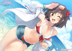 Rule 34 | 1girl, bangle, bare shoulders, bikini, blue sky, blush, bracelet, breasts, brown hair, cleavage, collarbone, cowboy shot, day, escalation heroines, eyewear on head, gin (ginshari), hair ribbon, jacket, jewelry, looking at viewer, navel, necklace, ocean, off shoulder, official art, one eye closed, open clothes, open jacket, open mouth, outdoors, red bikini, red ribbon, ribbon, short hair, short shorts, shorts, sky, small breasts, smile, solo, sonozaki akari, sunglasses, swimsuit, thighs, two-tone bikini, water, white jacket, yellow eyes