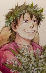 Rule 34 | 1boy, black eyes, black hair, bouquet, chin strap, drjjn, flower, flower wreath, hat, highres, holding, holding bouquet, looking up, monkey d. luffy, one piece, painting (medium), portrait, red shirt, scar, scar on face, shirt, simple background, smile, straw hat, traditional media, watercolor (medium), white flower