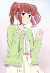Rule 34 | 1girl, belt, blush, brown eyes, brown hair, cardigan, clover, dress, floral print, gradient background, green cardigan, hair ribbon, idolmaster, idolmaster cinderella girls, jewelry, long sleeves, mattaku mousuke, necklace, ogata chieri, open cardigan, open clothes, outstretched hand, pink ribbon, ribbon, sidelocks, sleeves past wrists, smile, solo, twintails, upper body