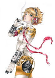 Rule 34 | 1girl, absurdres, aegis (persona), android, blonde hair, blue eyes, breasts, commentary request, cowboy shot, from side, hairband, highres, joints, looking at viewer, marker (medium), millipen (medium), neck ribbon, open mouth, persona, persona 3, robot joints, short hair, simple background, smoke, solo, traditional media, undone neck ribbon, white background