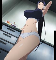 Rule 34 | 10s, 1girl, black hair, breasts, cellphone, covered erect nipples, female focus, from below, highres, indoors, large breasts, legs, long hair, monster musume no iru nichijou, ms. smith, navel, panties, phone, screencap, smartphone, solo, standing, stitched, tagme, third-party edit, underwear