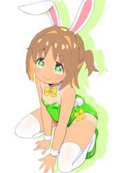 1girl animal_ears bare_shoulders bow bowtie brown_hair detached_collar diamond-shaped_pupils diamond_(shape) fake_animal_ears fake_tail fang green_eyes high_heels highres kneeling leotard looking_at_viewer oka_asahi onii-chan_wa_oshimai! playboy_bunny rabbit rabbit_tail short_hair smile solo strapless strapless_leotard symbol-shaped_pupils tail tan tanline tarupikox1 thighhighs white_thighhighs wrist_cuffs