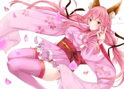 Rule 34 | 1girl, animal ears, blush, breasts, fate/grand order, fate (series), fox ears, fox shadow puppet, japanese clothes, kimono, large breasts, looking at viewer, obi, petal print, petals, pink hair, pink kimono, pink thighhighs, sash, sideboob, simple background, solo, tamamo (fate), tamamo no mae (fate/extra), tetranono, thighhighs, yellow eyes