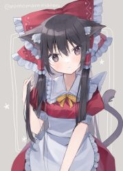 Rule 34 | 1girl, alternate costume, animal ears, apron, black hair, blush, bow, brown eyes, cat ears, cat tail, closed mouth, dress, enmaided, frilled apron, frills, hair between eyes, hair bow, hakurei reimu, head tilt, highres, long hair, maid, maid apron, momomaron, puffy short sleeves, puffy sleeves, red bow, red dress, short sleeves, solo, tail, touhou, twitter username, waist apron, white apron