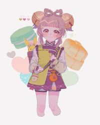 Rule 34 | 1girl, absurdres, backpack, bag, bell, blush, food, food request, genshin impact, hair ornament, hairclip, heart, highres, long sleeves, looking at viewer, low twintails, pancake, pancake stack, rabbit, simple background, souffle pancake, superdiviatomic, tongue, tongue out, twintails, white background, yaoyao (genshin impact), yellow eyes
