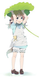 Rule 34 | 1girl, animal ears, apron, arms up, bloomers, blue eyes, blue skirt, bow, brown hair, collared shirt, full body, hair bow, leaf, leaf umbrella, loafers, looking away, mattaku mousuke, no socks, open mouth, original, shirt, shoes, short sleeves, simple background, skirt, solo, standing, stuffed animal, stuffed cat, stuffed toy, tail, twintails, underwear, water drop, wet, white background