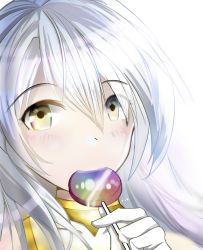 1girl absurdres bad_id bad_pixiv_id bloom blush candy close-up commentary dress english_commentary fire_emblem fire_emblem:_radiant_dawn fire_emblem_heroes food food_in_mouth gloves highres holding holding_candy holding_food holding_lollipop lens_flare light_particles light_rays lollipop long_hair looking_at_viewer micaiah_(fire_emblem) nintendo portrait silver_hair simple_background solo sparks_summer sunbeam sunlight white_background white_dress white_gloves yellow_eyes