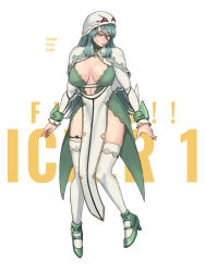 Rule 34 | 1girl, aqua hair, breasts, capelet, character name, cleavage, copyright name, covered erect nipples, green footwear, high heels, highres, iczer (series), iczer robo, jinri shijie, large breasts, long hair, open hands, personification, solo, tatakae!! iczer-1, thighhighs, very long hair, white capelet, white headwear, yellow eyes
