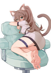 Rule 34 | 1girl, absurdres, animal ear fluff, animal ears, barefoot, belt, black panties, blush, bob (pixiv49522586), cat ears, cat girl, cat tail, chair, collared dress, commission, commissioner upload, dress, embarrassed, feet, flower, foot focus, foreshortening, green eyes, hair between eyes, hair flower, hair ornament, highres, legs, light brown hair, mayu (vanabette), office, original, panties, pixiv commission, ponytail, shy, soles, solo, spread toes, tail, thigh belt, thigh strap, toes, underwear