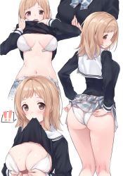 Rule 34 | !, !!, 1girl, :o, adjusting clothes, adjusting panties, ass, black shirt, blush, bow, bowtie, bra, breasts, breasts apart, brown eyes, clothes lift, highres, idolmaster, idolmaster shiny colors, lace, lace-trimmed bra, lace trim, lifting own clothes, light brown hair, long hair, looking at viewer, looking back, medium breasts, mouth hold, multiple views, navel, open mouth, panties, plaid, plaid skirt, pleated skirt, sailor collar, sakuragi mano, school uniform, shirt, shirt lift, simple background, skirt, skirt lift, speech bubble, two-tone neckwear, two-tone skirt, underwear, unfastened, uniform, upper body, white background, white bra, white panties, yoi naosuke