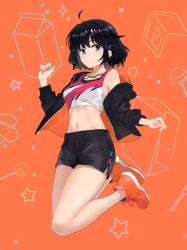 Rule 34 | 1girl, ahoge, bad id, bad pixiv id, bare legs, bare shoulders, black hair, black jacket, black shorts, blue eyes, breasts, closed mouth, crop top, denim, denim shorts, hair ornament, hairclip, hand up, highres, jacket, legs up, long sleeves, looking at viewer, medium breasts, midriff, navel, off shoulder, open clothes, open jacket, orange background, original, qian yuan, shirt, shoes, short hair, short shorts, shorts, sidelocks, sleeveless, sleeveless shirt, sneakers, solo, star (symbol), stomach, thighs