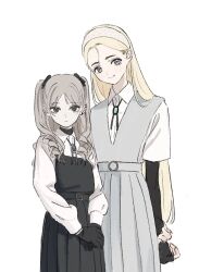 Rule 34 | 2girls, arms behind back, bags under eyes, black dress, black eyes, black gloves, black ribbon, black undershirt, blonde hair, bolo tie, brown hair, closed mouth, collared shirt, commentary, cowboy shot, dress, ear piercing, expressionless, fuyuki manon (gomibako (gomibako price)), gloves, gomibako (gomibako price), grey dress, grey eyes, hair behind ear, hair ribbon, hairband, height difference, highres, layered sleeves, light blush, long hair, long sleeves, looking at viewer, loose hair strand, multiple girls, orange nails, original, own hands together, pale skin, piercing, pinafore dress, ribbon, ringlets, shirt, short over long sleeves, short sleeves, simple background, sleeveless, sleeveless dress, sleeves past wrists, smile, standing, turtleneck, turtleneck shirt, two side up, v arms, white background, white hairband, white shirt, yukino kanna (gomibako (gomibako price))