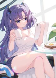 Rule 34 | 1girl, absurdres, ajeu914, alternate costume, black shorts, blue archive, breasts, camisole, cleavage, closed mouth, collarbone, crossed legs, cup, halo, highres, holding, holding cup, holding tablet pc, large breasts, long hair, mechanical halo, purple eyes, purple hair, shorts, solo, tablet pc, two side up, white camisole, yuuka (blue archive)