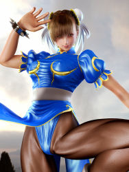 Rule 34 | 1girl, 3d, breasts, capcom, chun-li, clothes lift, cloud, cowboy shot, female focus, incise soul, m-rs, outdoors, pantyhose, skirt, skirt lift, sky, smile, solo, spread legs, standing, street fighter